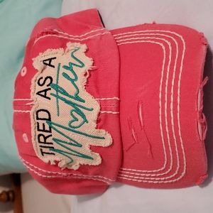 Kbethos Vintage Women's cap. "Tired as a Mother " coral pink in color distressed